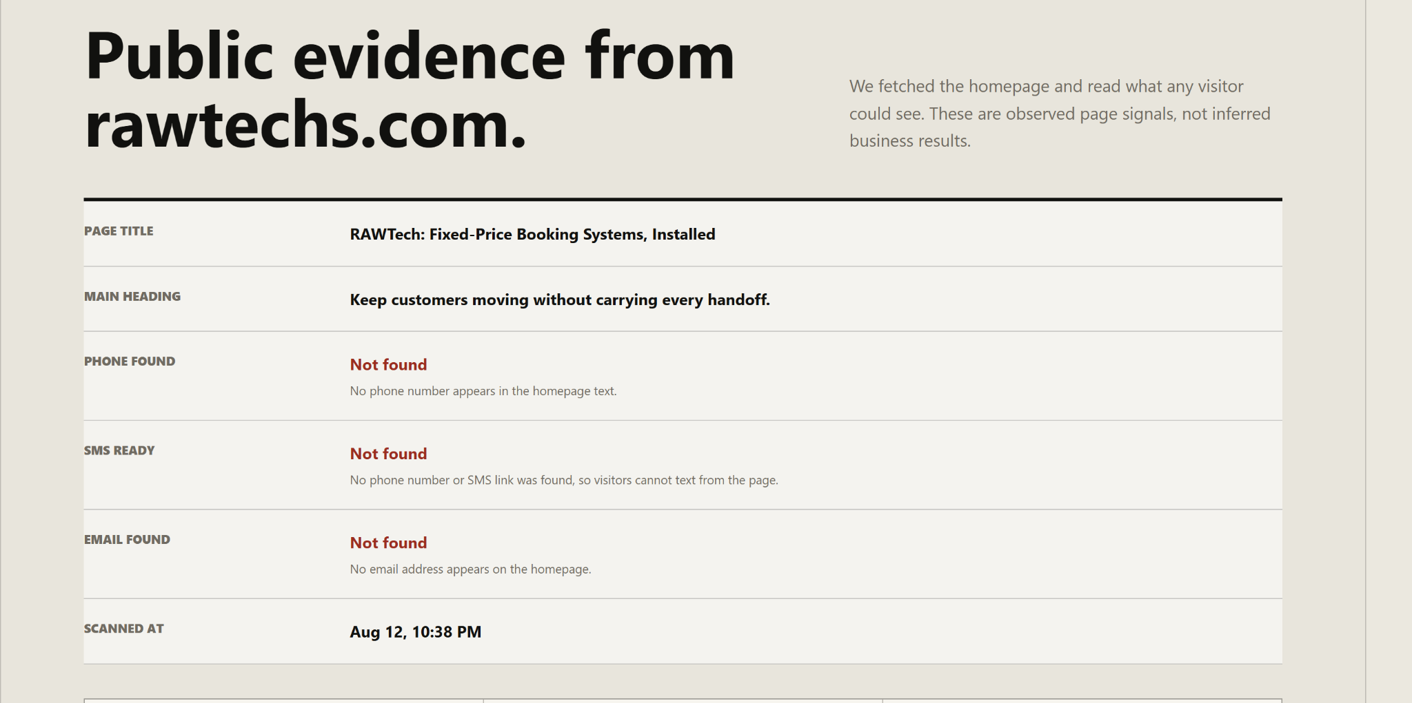 Website Audit sample page showing public evidence observed on a website