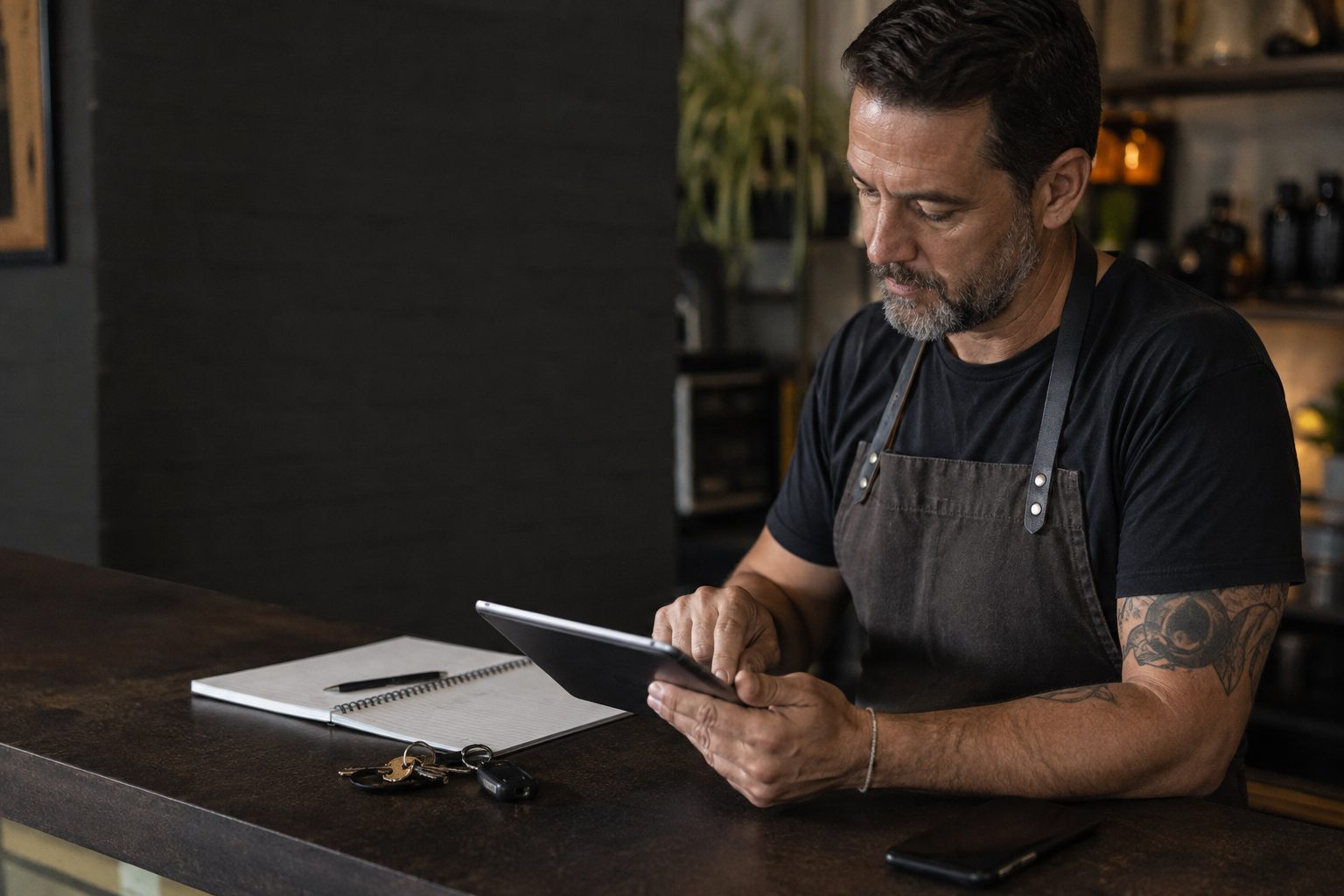 Illustrative scene of a RAWTech scope review: a written install scope on the table between an owner and the installer.