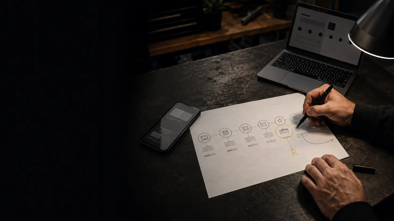 Owner-operator tracing a customer journey and marking a missing handoff