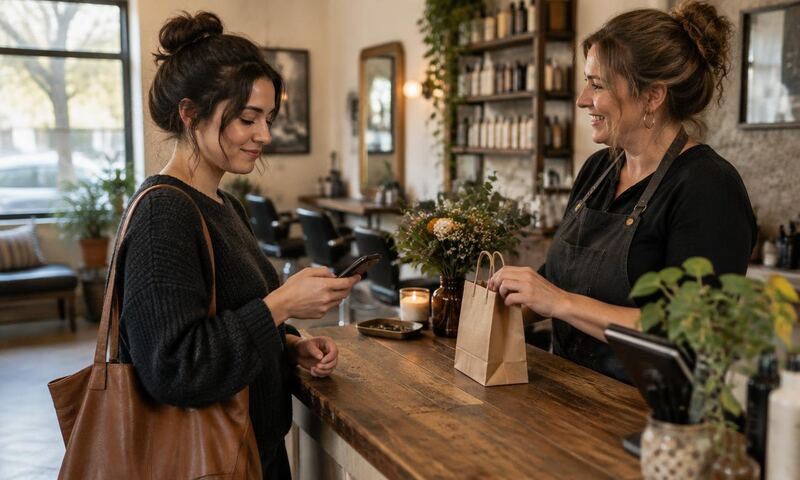 A salon owner completes a warm customer handoff while the client checks her phone