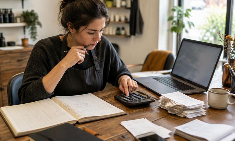 A salon owner compares an appointment ledger, calculator, receipts, and laptop