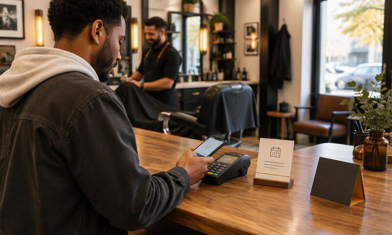 A barbershop customer checks out by phone beside the next-appointment card