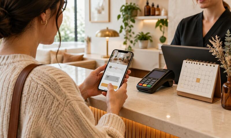 A customer reserves an appointment by phone beside a payment terminal and calendar