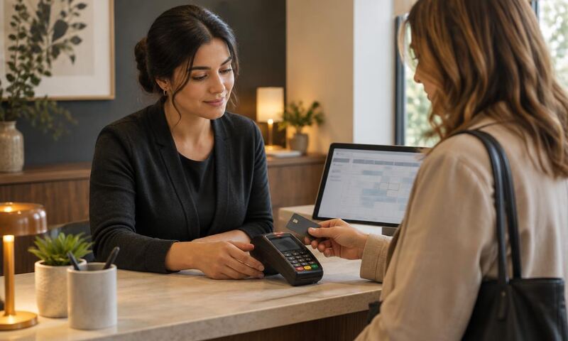 A receptionist helps a customer retry a card payment before confirming an appointment