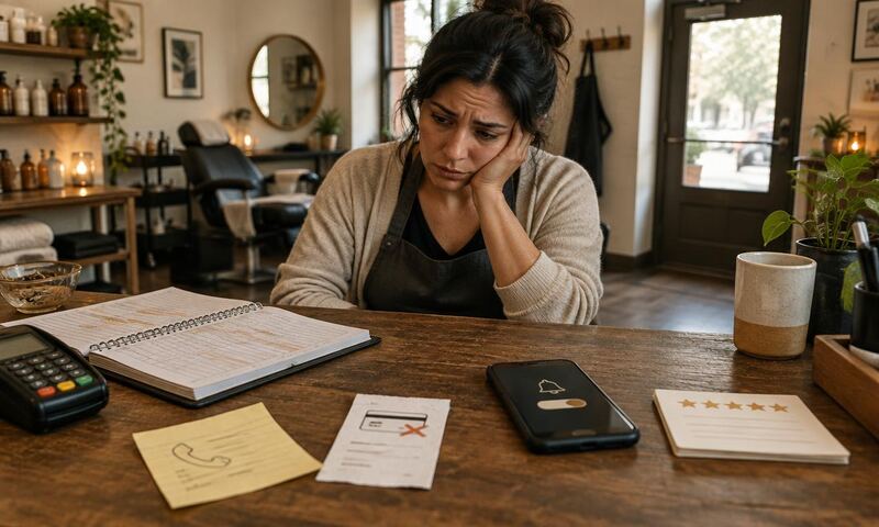 An owner reviews a fragmented appointment ledger, missed call, failed payment, reminder, and review card