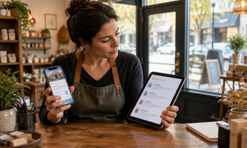 A storefront owner compares a local business listing with a booking-platform review screen