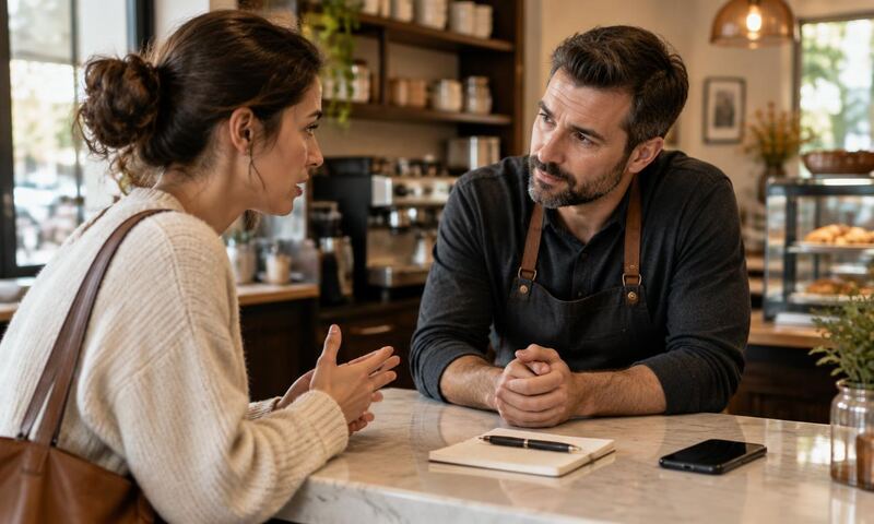 A shop owner listens carefully to a concerned customer after service