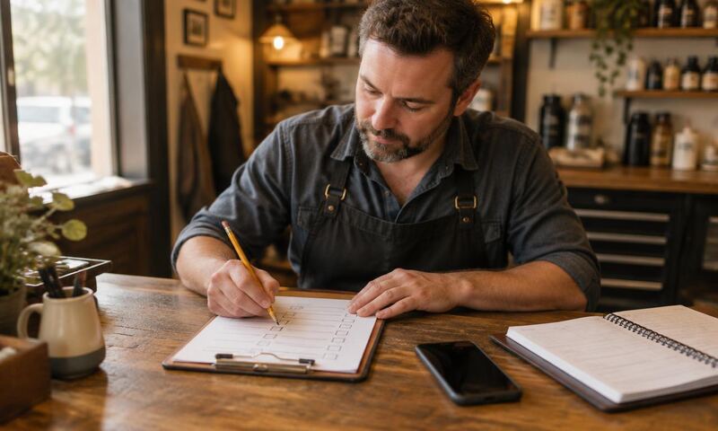 A shop owner at a wooden counter marks a printed checklist with a pencil, phone and appointment book beside it.