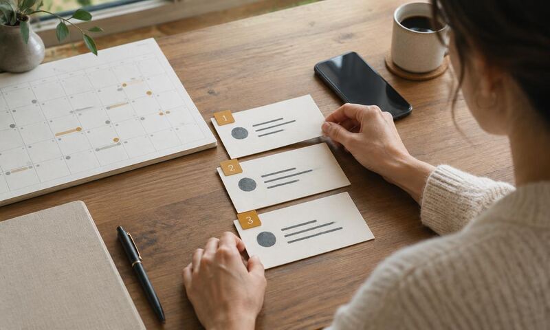 Three sequenced message cards sit beside a client calendar and phone