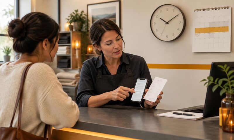 A business owner explains a refund cutoff using a receipt, phone, clock, and calendar