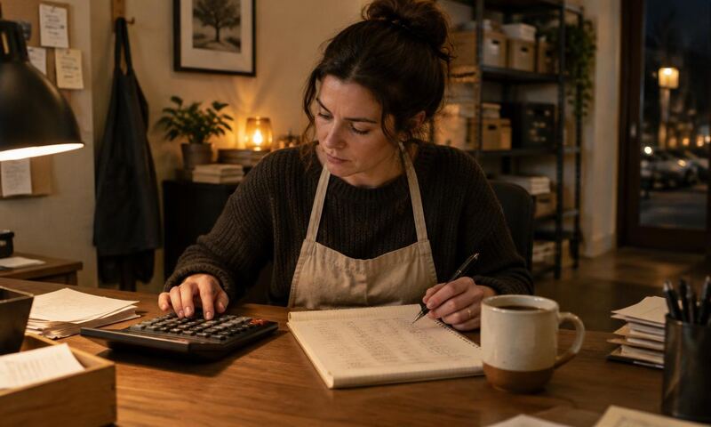 An owner works through handwritten figures with a desktop calculator after closing time.