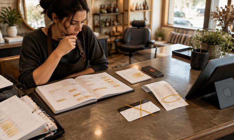 A salon owner audits empty calendar time, a missed call, and unpaid appointment records
