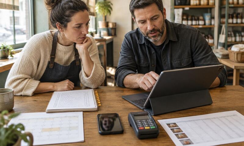 Two business operators test software against their current calendar, payment terminal, and requirements checklist