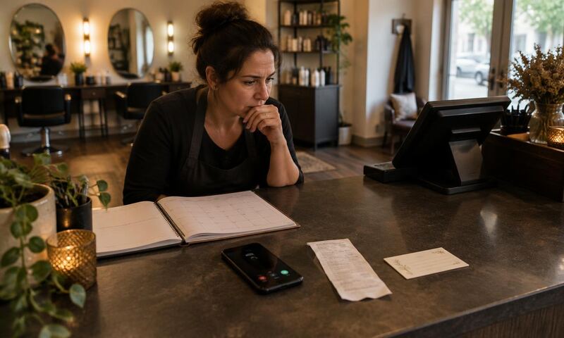 An owner reviews an empty calendar slot, missed call, unpaid receipt, and unbooked return at closing time