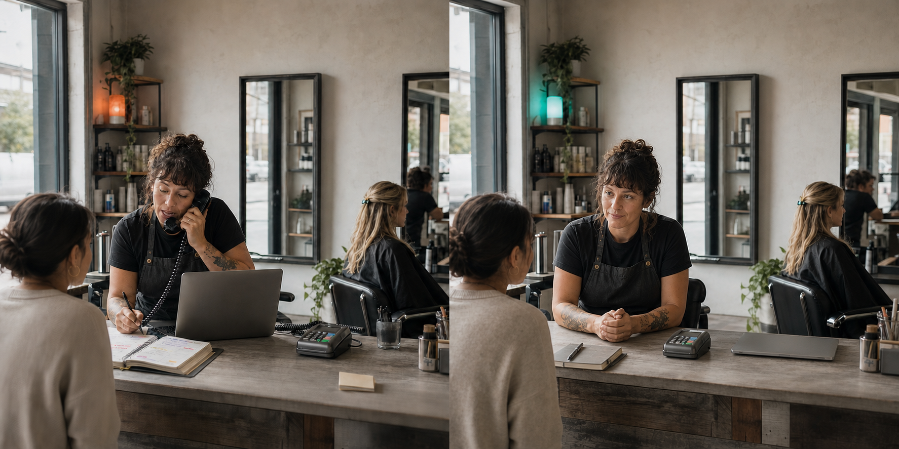 Illustrative scene: a service-business owner at her front counter holding a phone to her ear, writing in a paper diary while a waiting customer stands in front of her.