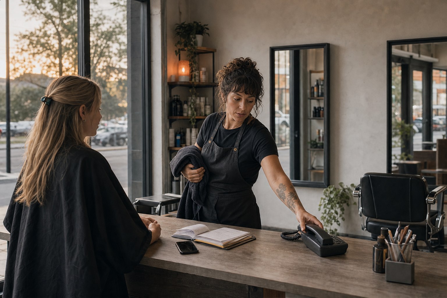 Fictional salon owner turning toward a ringing phone while a customer waits beside an open appointment book and empty chair.