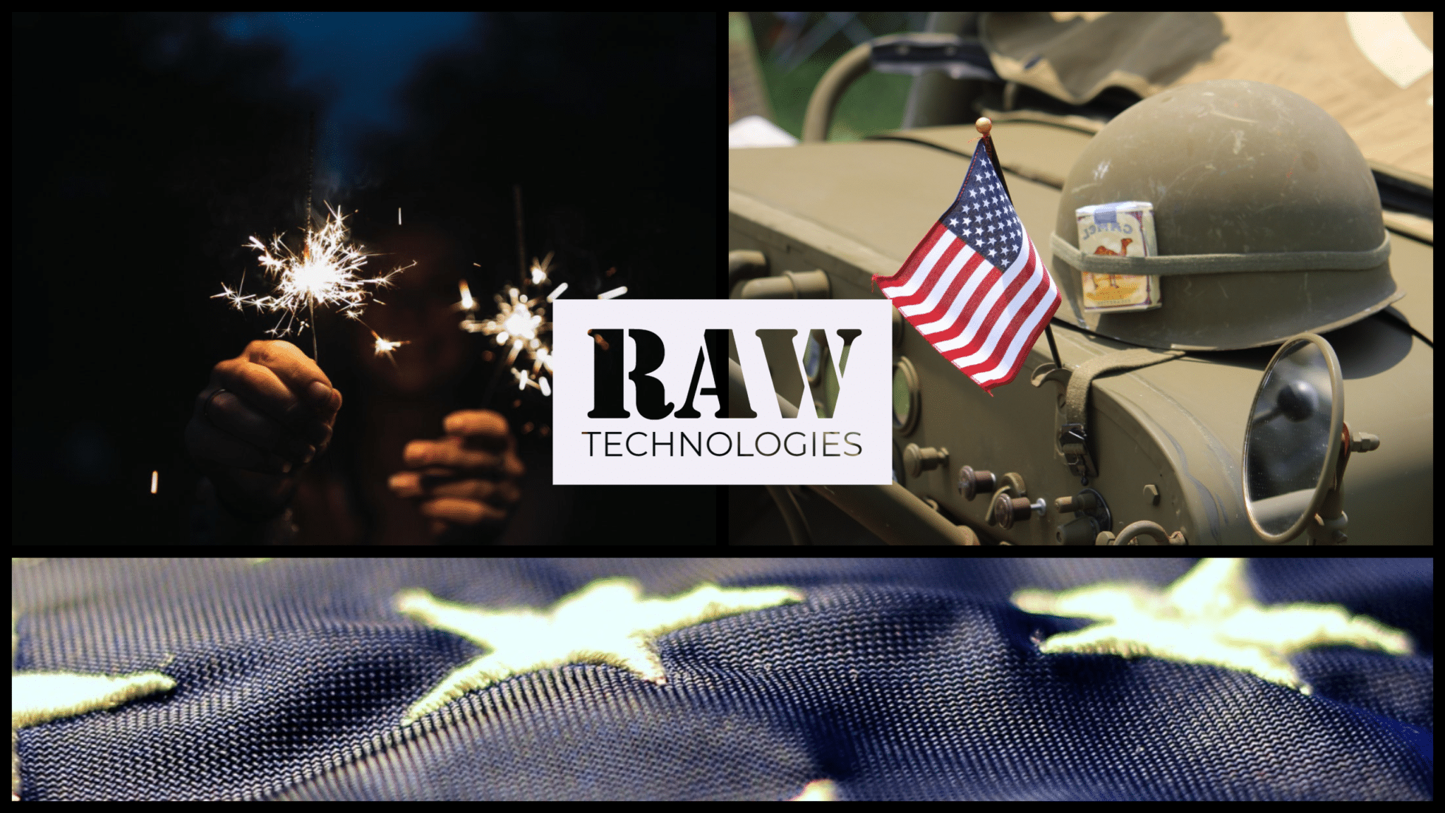 RAW Technologies | 4th of July Launch Cover | American Patriotism Sparklers, Military Jeep and Helmet with American Flag Stars
